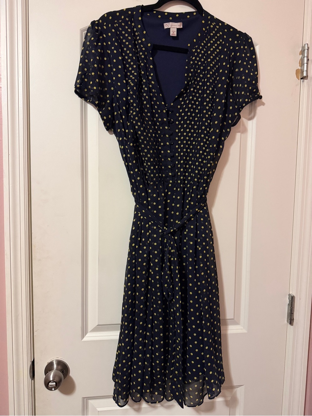 Dress Barn Navy Polka Dot Tie-Waist Dress - Yellow Dots 16